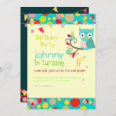 フクロウ、バースデーパーティ招待状/日の背景 招待状 (正面/裏面)