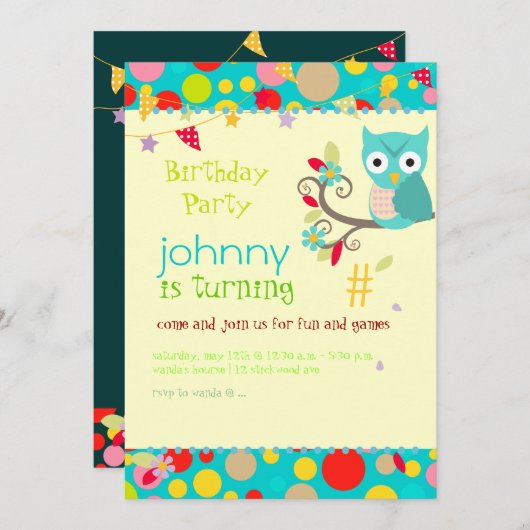 フクロウ、バースデーパーティ招待状/日の背景 招待状 (正面/裏面)