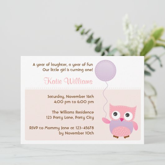 フクロウ（ピンク）の誕生日パーティーが女の子を招待 招待状 (スタンド正面)