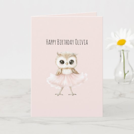 フクロウ ピンク チュチュ 誕生日 カード (小さな植物)
