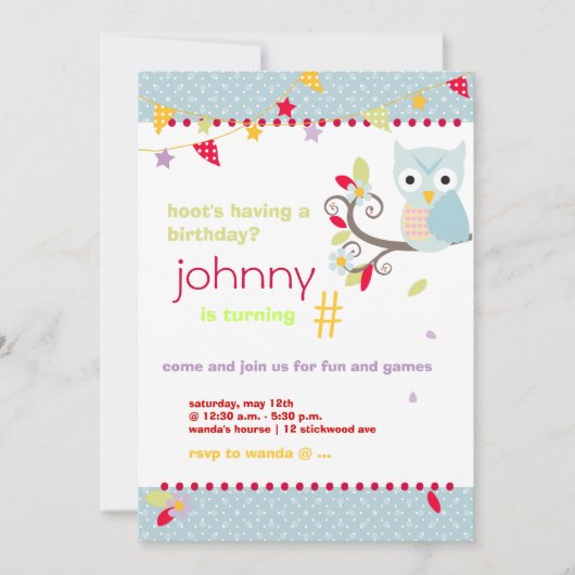 フクロウ、フーのバースデーパーティ招待状 招待状 (正面)
