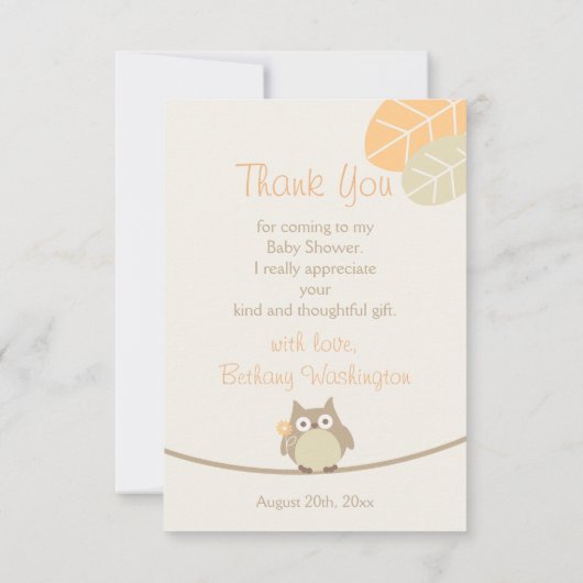 フクロウ·ベイビー·シャワーありがとう中立的な性 招待状 (裏面)