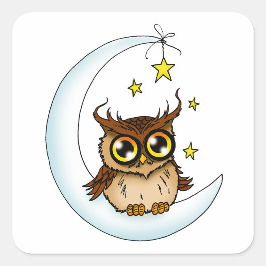 フクロウ・ムーンブルーかわいい星 スクエアシール (正面)