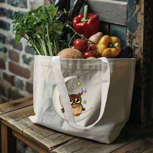 フクロウ・ムーンブルーかわいい星 ラージトートバッグ