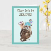 フクロウ、子猫、ネズミが元気 カード (黄色い花)