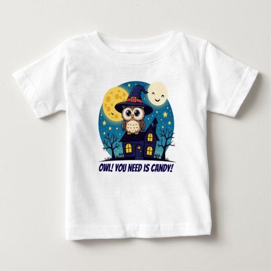 フクロウ&幽霊のよく出るハウスハロウィーンキッズTシャツ – かわいい ベビーTシャツ (正面)