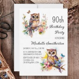 フクロウ 春の花 ちょうちょ 90歳の誕生日 招待状