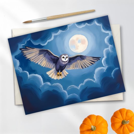 フクロウ 満月 ハロウィン 水彩画 シーズンカード