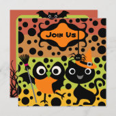 フクロウ、猫およびくものハローウィンパーティの招待 招待状 (正面/裏面)