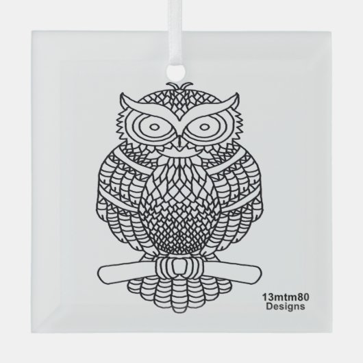 フクロウ（白い四角） – ガラスオーナメント (正面)