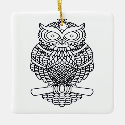 フクロウ（白い四角） – セラミックオーナメント (正面)