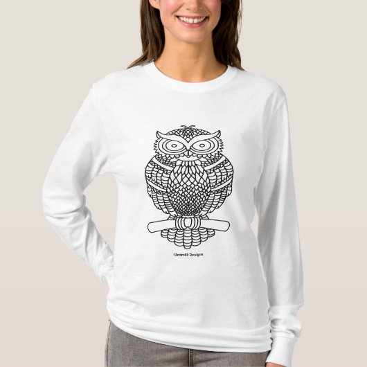 フクロウ(白)-女性用長袖シャツ Tシャツ (正面)