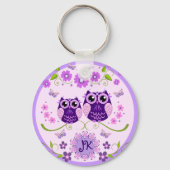 フクロウ、花と蝶のモノグラムカスタム キーホルダー (正面)