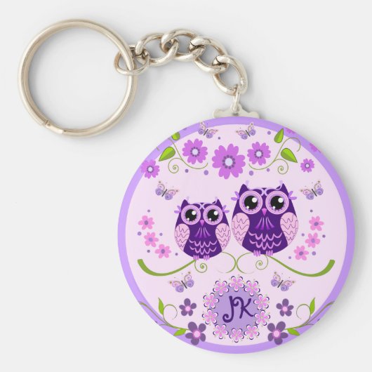 フクロウ、花と蝶のモノグラムカスタム キーホルダー (正面)
