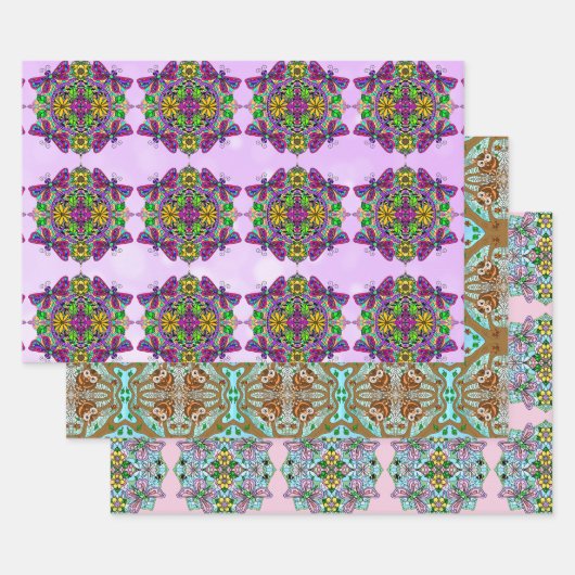 フクロウ、蝶、トンボ誕生日 ラッピングペーパーシート (セット)