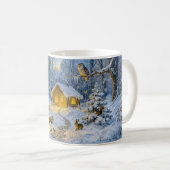 フクロウ、鹿、狐のある雪の森の別荘の美術 コーヒーマグカップ (正面右)