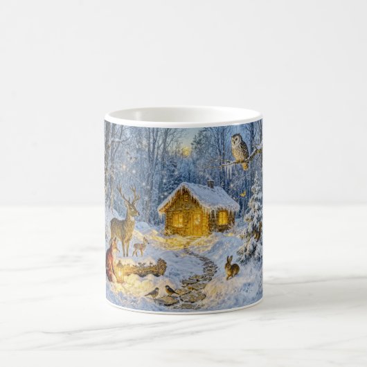 フクロウ、鹿、狐のある雪の森の別荘の美術 コーヒーマグカップ (中央)