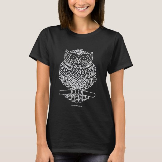 フクロウ(黒) - 女性用ベーシックTシャツ Tシャツ (正面)
