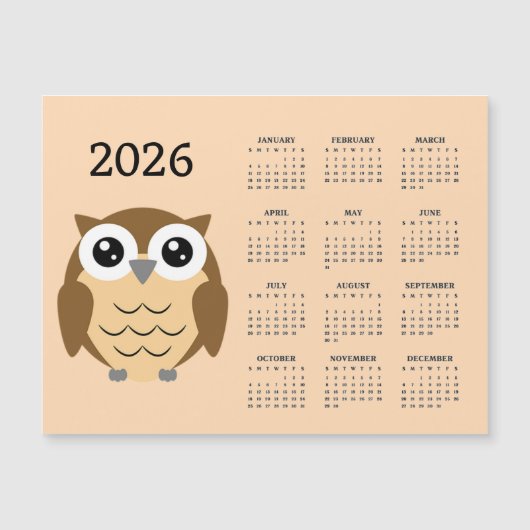 フクロウ 2026年 カレンダー マグネット カード (正面)