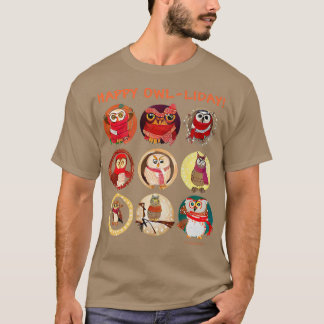フクロウLoのスカーフフフフクロウを着た愛らしいフクロウHAPPY OWLLIDAY Tシャツ