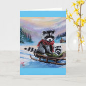 フクロネズミのスレッジング 冬のシーン ブランク グリーティング カード (黄色い花)