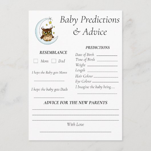 フクロムーンブルーかわいい星赤ちゃんシャワー予測 エンクロージャーカード (正面)