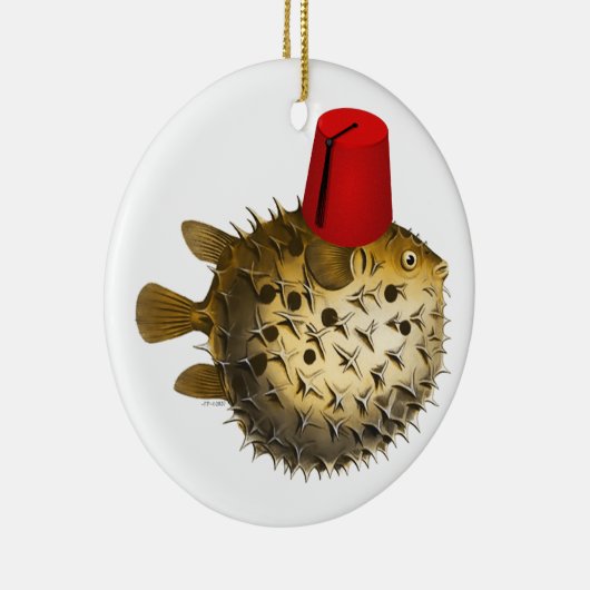 フグはフェズ、ヴィンテージ、ユーモアを着て セラミックオーナメント (右)