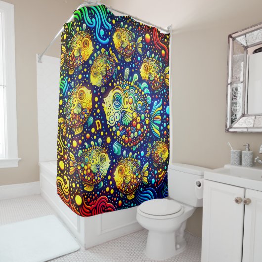 「フサイケデリックァグの鮮やか魚 – 水中芸術」 シャワーカーテン (インサイチュ)
