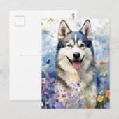 フサフサの毛並みが特徴的なハスキーのカラフルな水彩画のアートワークです。 ポストカード (正面/裏面)