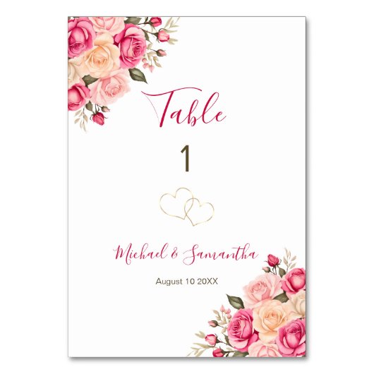 フシアエレガントピンクとアイボリーバラ結婚ズサイン テーブルナンバー (正面)
