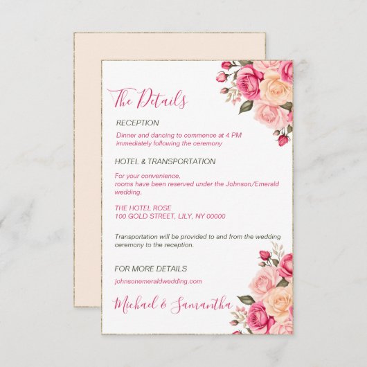 フシアエレガントピンクアンドアイボリーバラ結婚ズ エンクロージャーカード (正面/裏面)