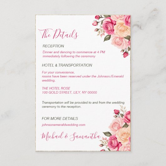 フシアエレガントピンクアンドアイボリーバラ結婚ズ エンクロージャーカード (正面)