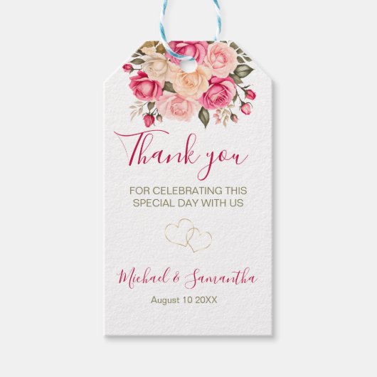 フシアエレガントピンクアンドアイボリーバラ結婚ズ ギフトタグ (正面)