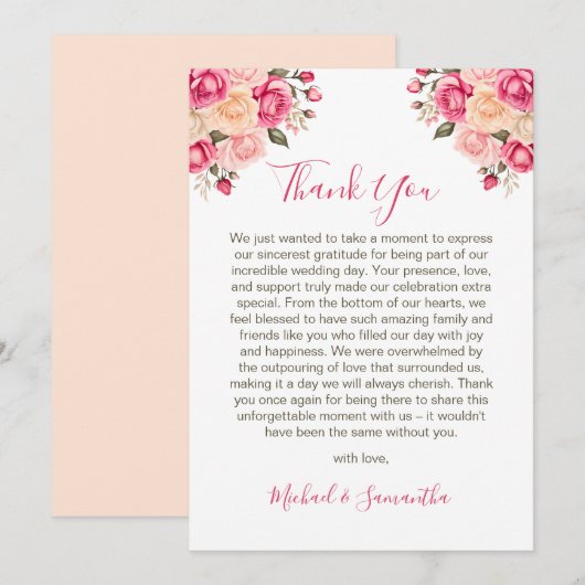 フシアエレガントピンクアンドアイボリーバラ結婚ズ サンキューカード (正面/裏面)