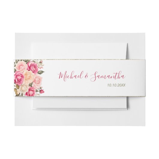 フシアエレガントピンクアンドアイボリーバラ結婚ズ 招待状ベリーバンド (正面例)