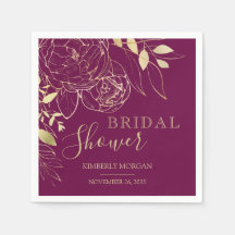 フシア&金ゴールドモダンフローラブライダルシャワーナプキンス