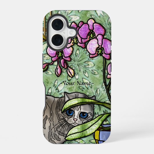 フシュシアと子猫 (名入れ) iPhone 16ケース (裏面)