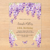 フジの紫の花模様蝶の澄ん誕生日 アクリル招待状 (正面)