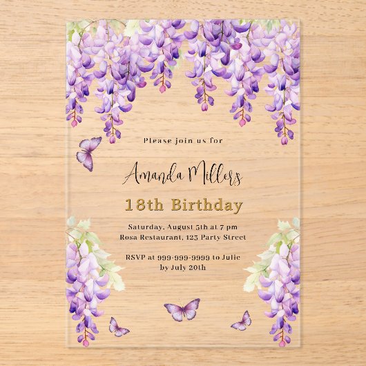 フジの紫の花模様蝶の澄ん誕生日 アクリル招待状 (正面)