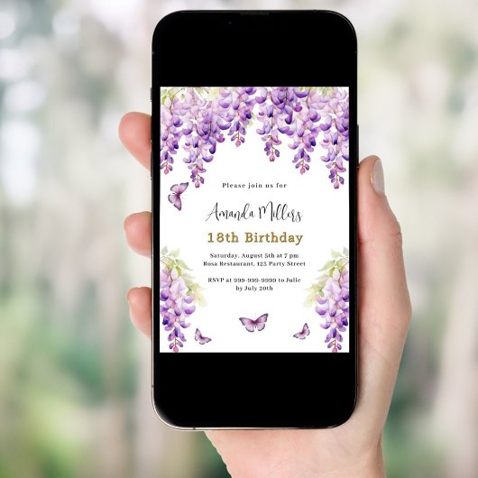 フジ紫の花模様蝶の誕生日 招待状