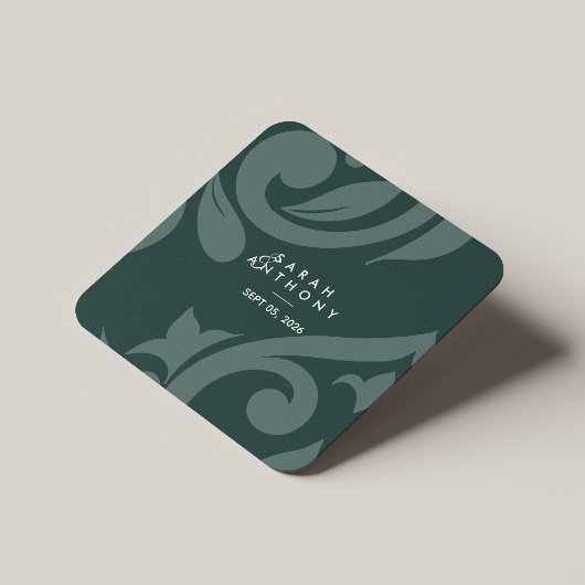 フタログリーンクラシックスクリプトダマスクウェディング スクエアペーパーコースター