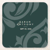 フタログリーンクラシックスクリプトダマスクウェディング スクエアペーパーコースター (正面)