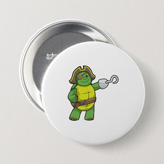 フックされた手と目のパッチで海賊として亀 缶バッジ (正面&裏面)