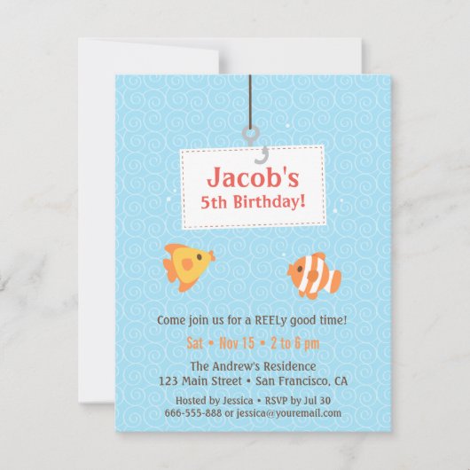 フックオン魚釣り子供の誕生日パーティの招待状 招待状 (正面)