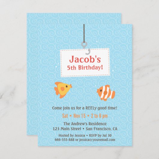 フックオン魚釣り子供の誕生日パーティの招待状 招待状 (正面/裏面)