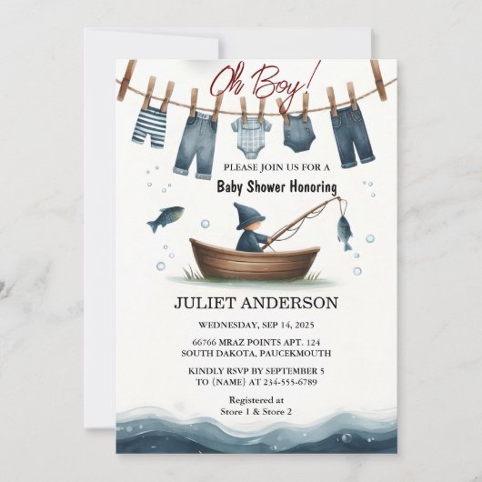 フックベイトおもしろい木材の小さな漁師の赤ちゃんシャワー 招待状 (正面)