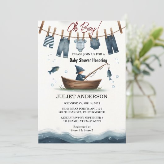 フックベイトおもしろい木材の小さな漁師の赤ちゃんシャワー 招待状 (スタンド正面)