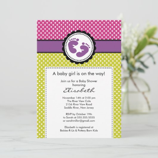 フットプリントベビーシャワー招待状パープル水玉模様 招待状 (スタンド正面)