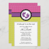 フットプリントベビーシャワー招待状パープル水玉模様 招待状 (正面/裏面)