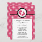 フットプリントベビーシャワー招待状ピンク水玉模様 招待状 (正面/裏面)